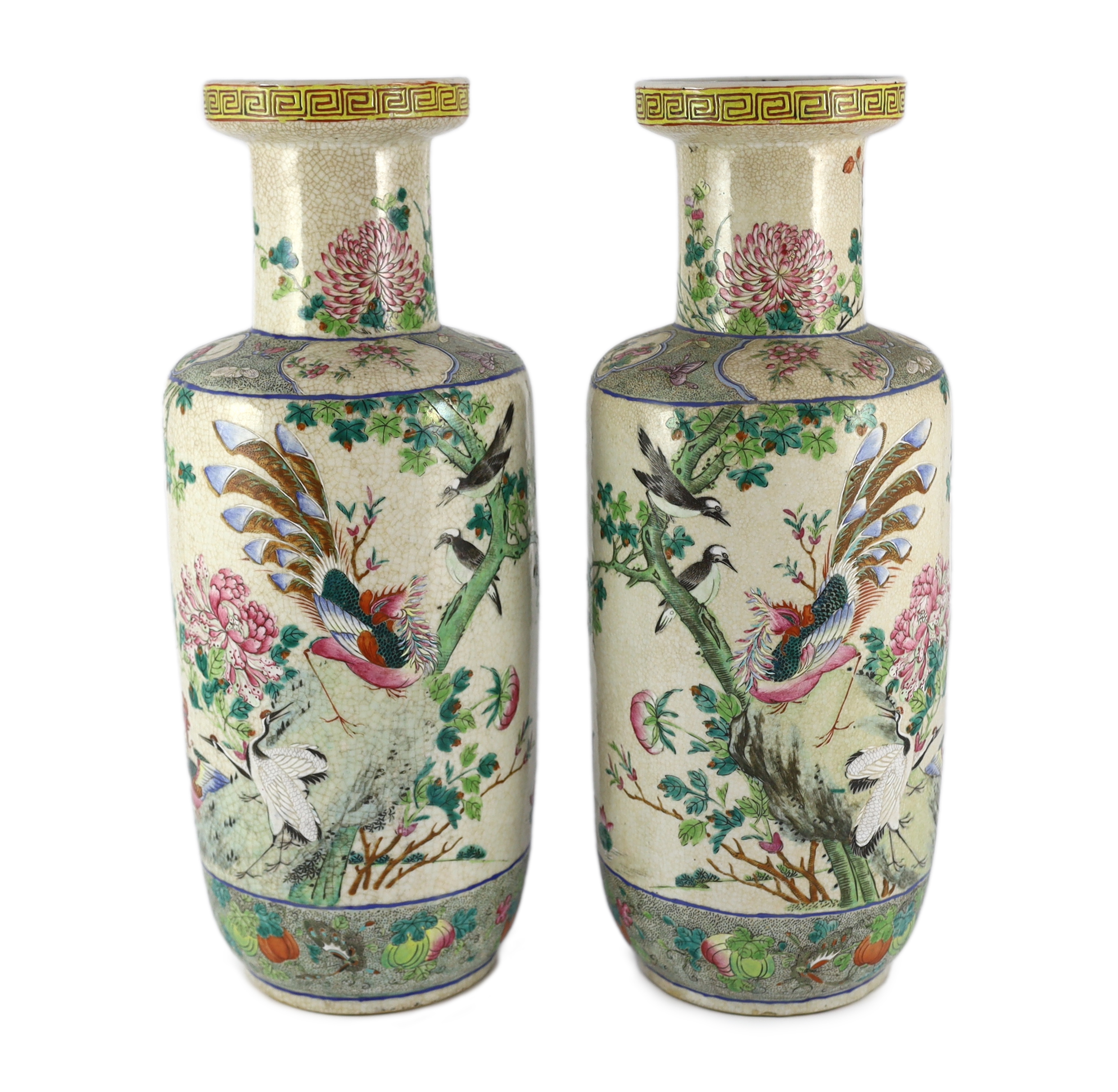 A pair of large Chinese crackle glaze famille rose ‘Hundred Bird’ rouleau vases, late 19th century